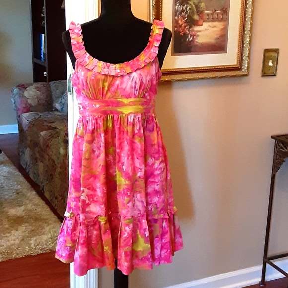 Maggy London pink floral sleeveless stretch dress ruffle pleated 10P Excellent… - Picture 1 of 5